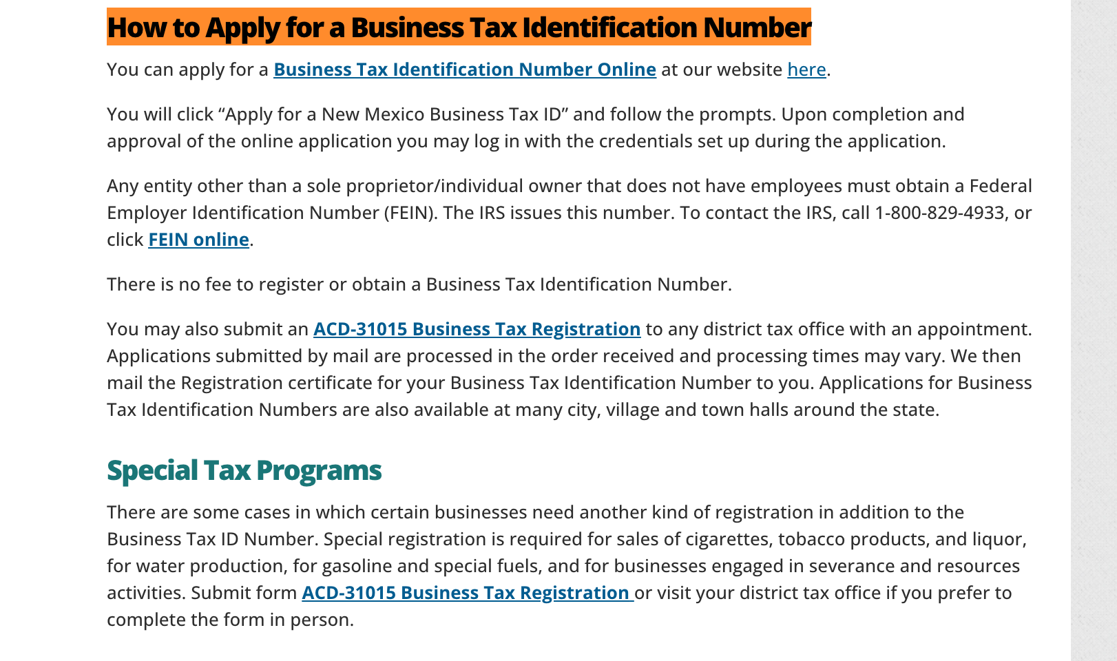 New Mexico Taxation and Revenue Department page explaining how to apply for a Business Tax Identification Number